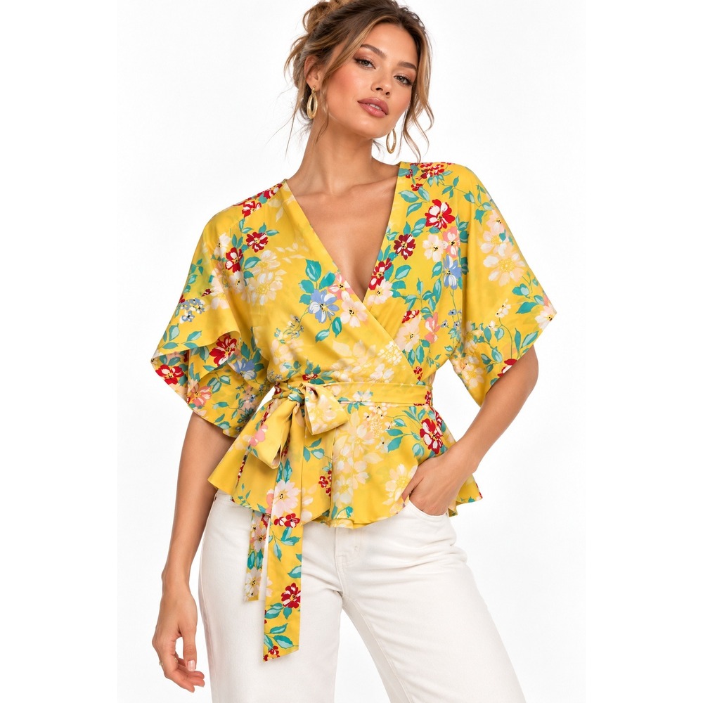 Yumi Kim Yellow Floral 100% Silk Wrap Top Short Sleeve V-Neck Blouse Small